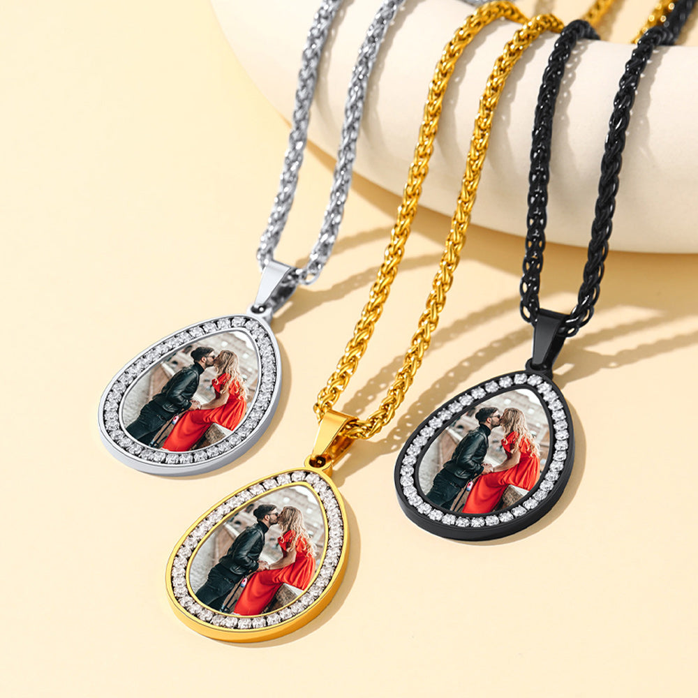 Customized Picture Teardrop Necklace With Cubic Zirconia for