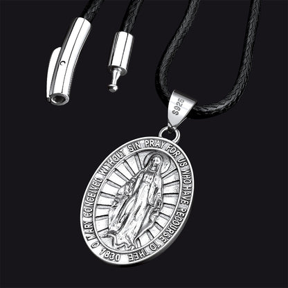 Sterling Silver Virgin Mary Necklace Medallion With Leather Chain