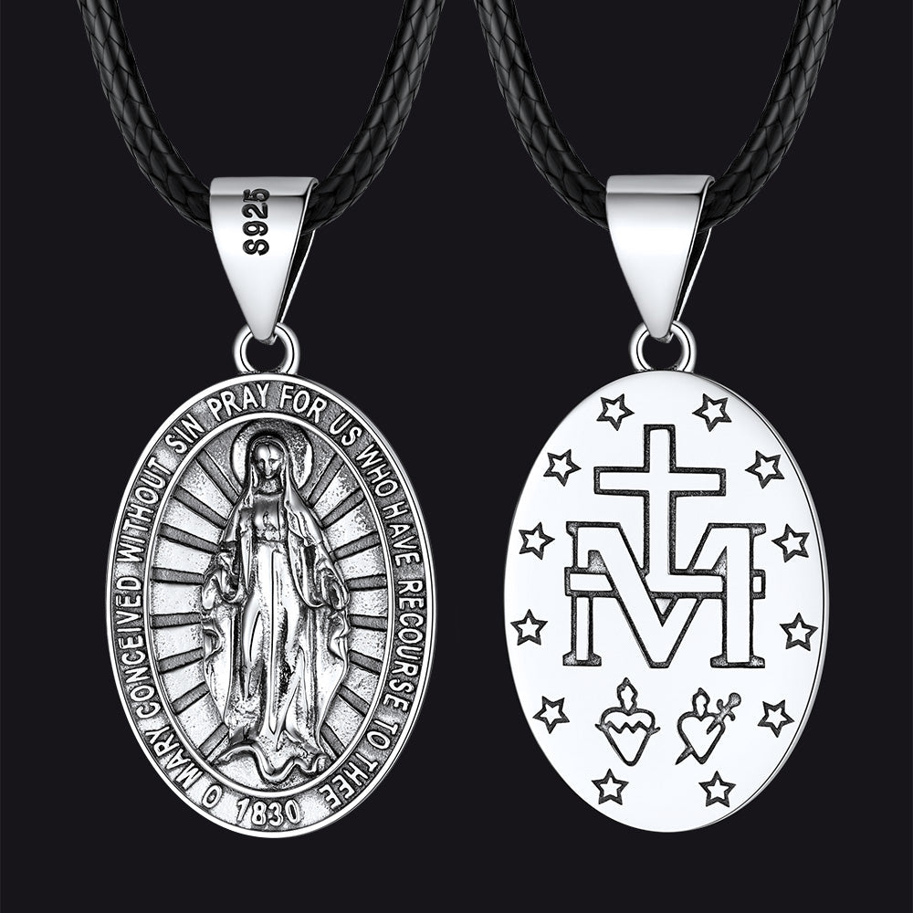 Sterling Silver Virgin Mary Necklace Medallion With Leather Chain