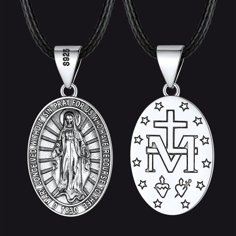 Sterling Silver Virgin Mary Necklace Medallion With Leather Chain