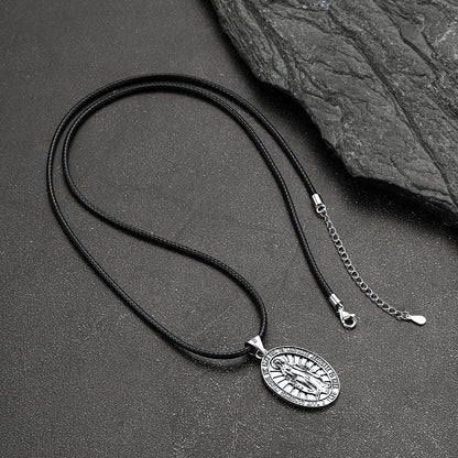Sterling Silver Virgin Mary Necklace Medallion With Leather Chain