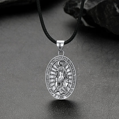 Sterling Silver Virgin Mary Necklace Medallion With Leather Chain