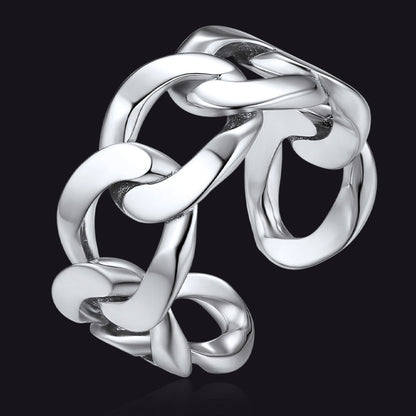 925 Sterling Silver Cuban Chain Open Adjustable Ring for