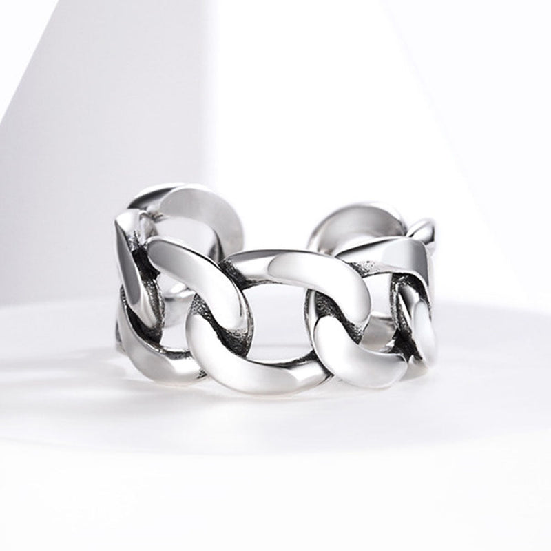 925 Sterling Silver Cuban Chain Open Adjustable Ring for