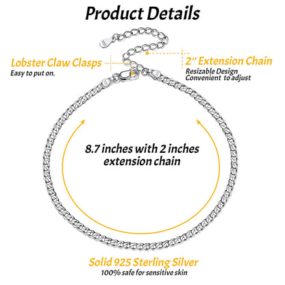 3mm Sterling Silver Cuaba Chain Anklet for