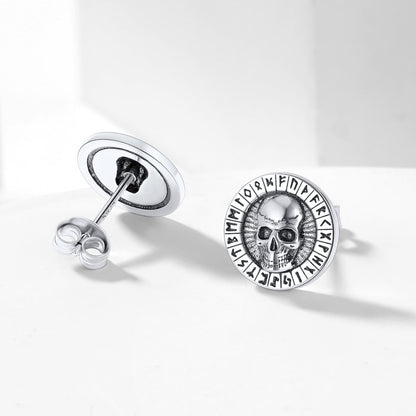 Sterling Silver Runes Skull Earrings Studs for