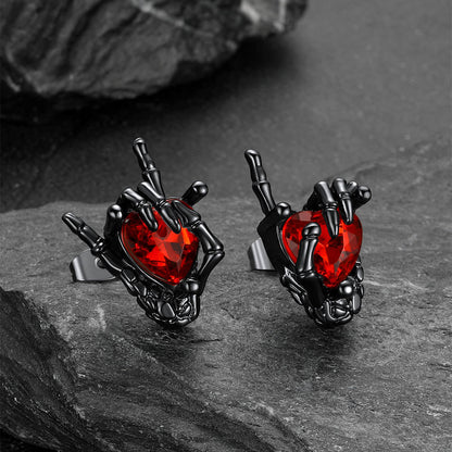 Black Skeleton Rock Hand Heart Ruby Stud Earrings for