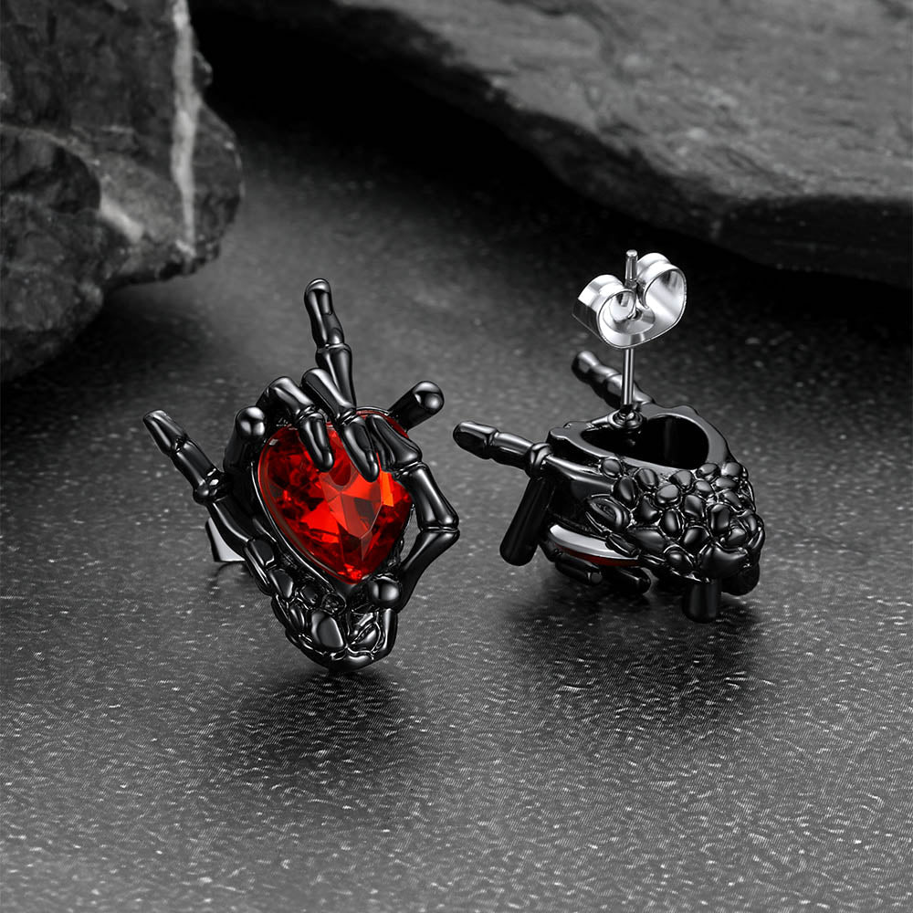 Black Skeleton Rock Hand Heart Ruby Stud Earrings for