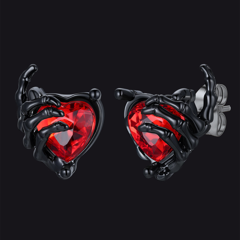 Gothic Black Ruby Heart Skull Hand Stud Earrings for