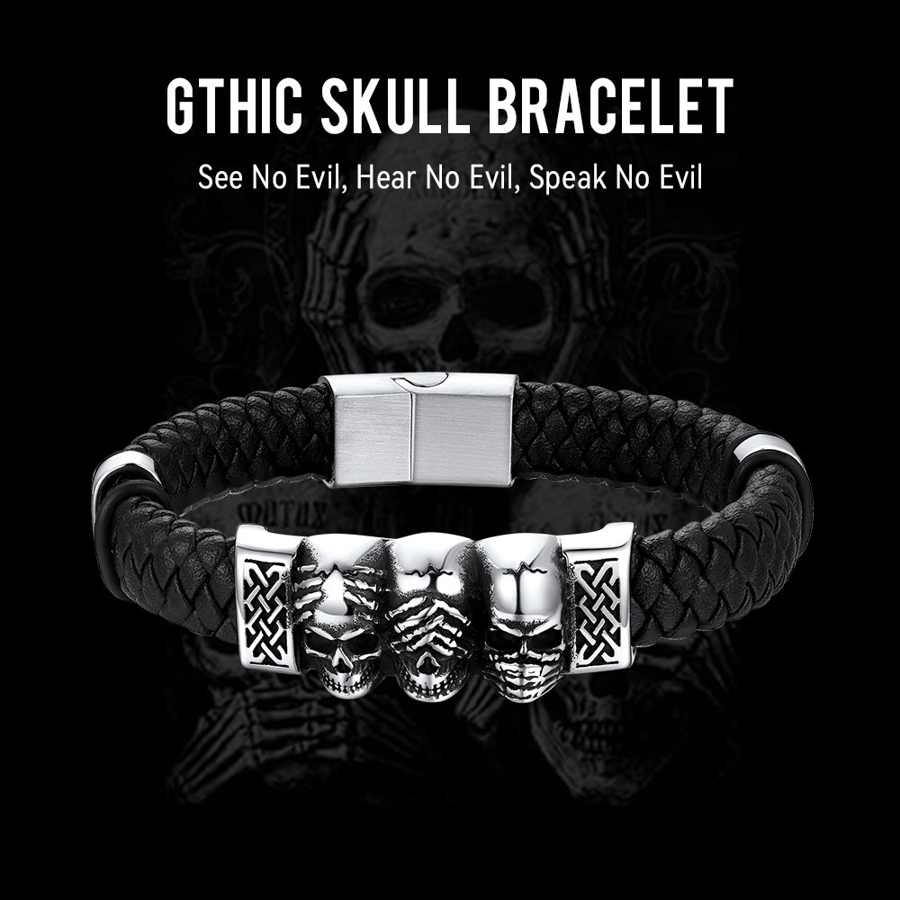 Gothic 3 Skull Braided Leather Bracelet Gift for Father Son Grandson