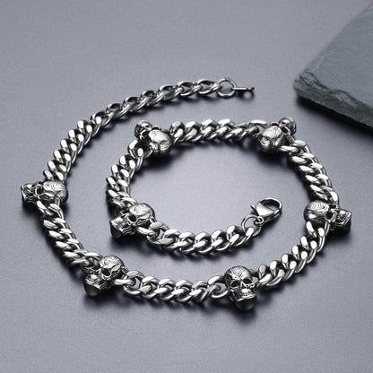 Gothic Skull Cuban Link Choker Chain & Bracelet Jewelry Set for