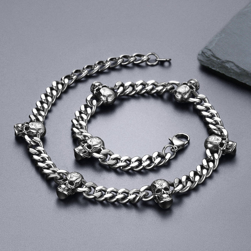 Gothic Skull Cuban Link Choker Chain & Bracelet Jewelry Set for