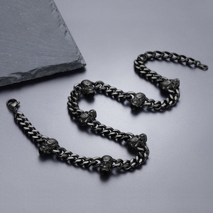 Gothic Skull Cuban Chain & Cross Layered Pendant Set for