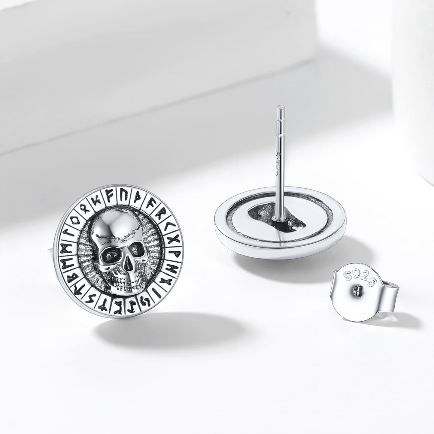 Sterling Silver Runes Skull Earrings Studs for