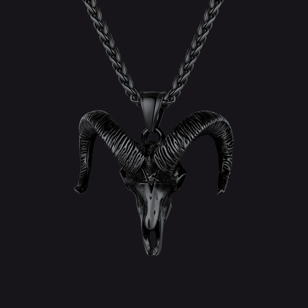 Satanic Goat Skull Head Necklace With Invert Pentagram