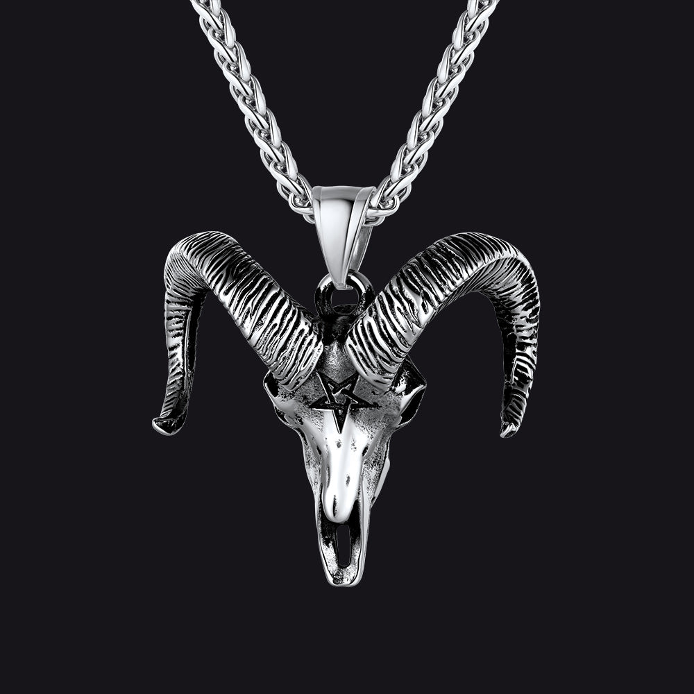 Satanic Goat Skull Head Necklace With Invert Pentagram