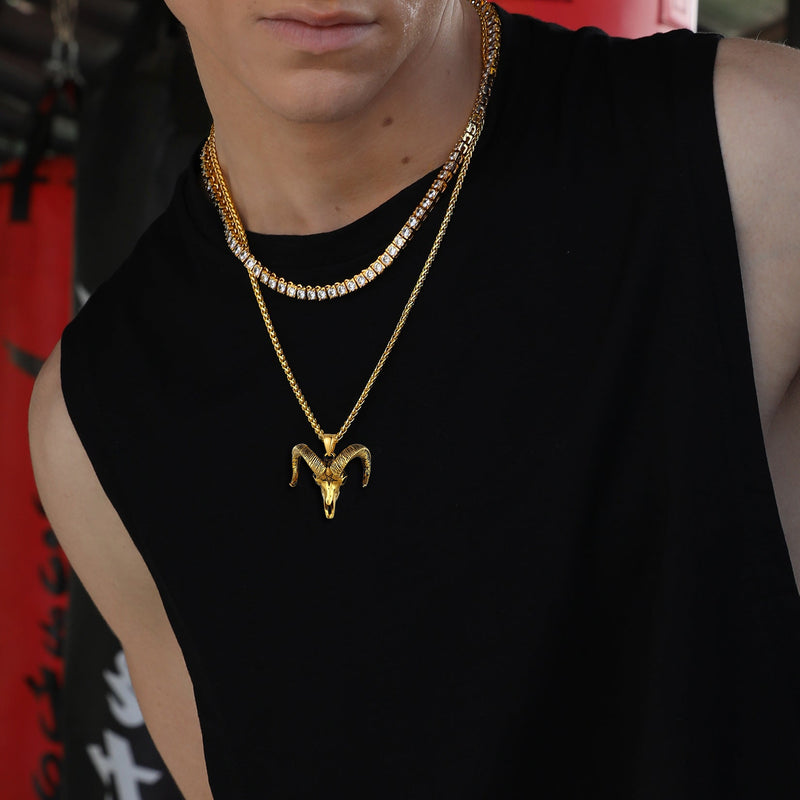 Satanic Goat Skull Head Necklace With Invert Pentagram