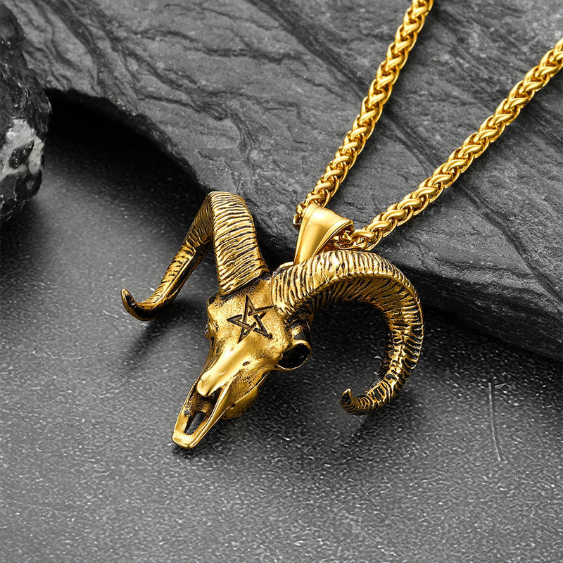Satanic Goat Skull Head Necklace With Invert Pentagram