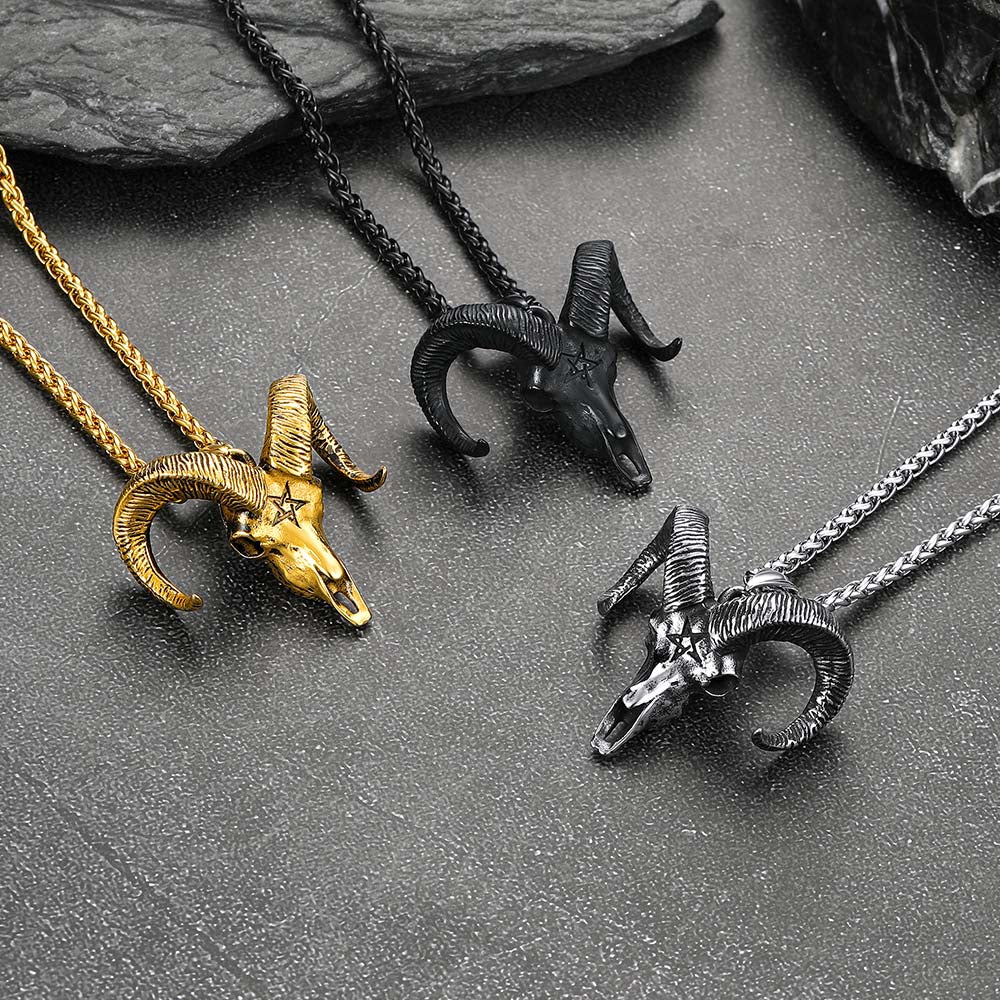 Satanic Goat Skull Head Necklace With Invert Pentagram