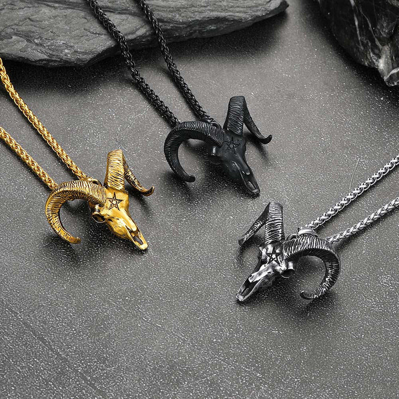 Satanic Goat Skull Head Necklace With Invert Pentagram