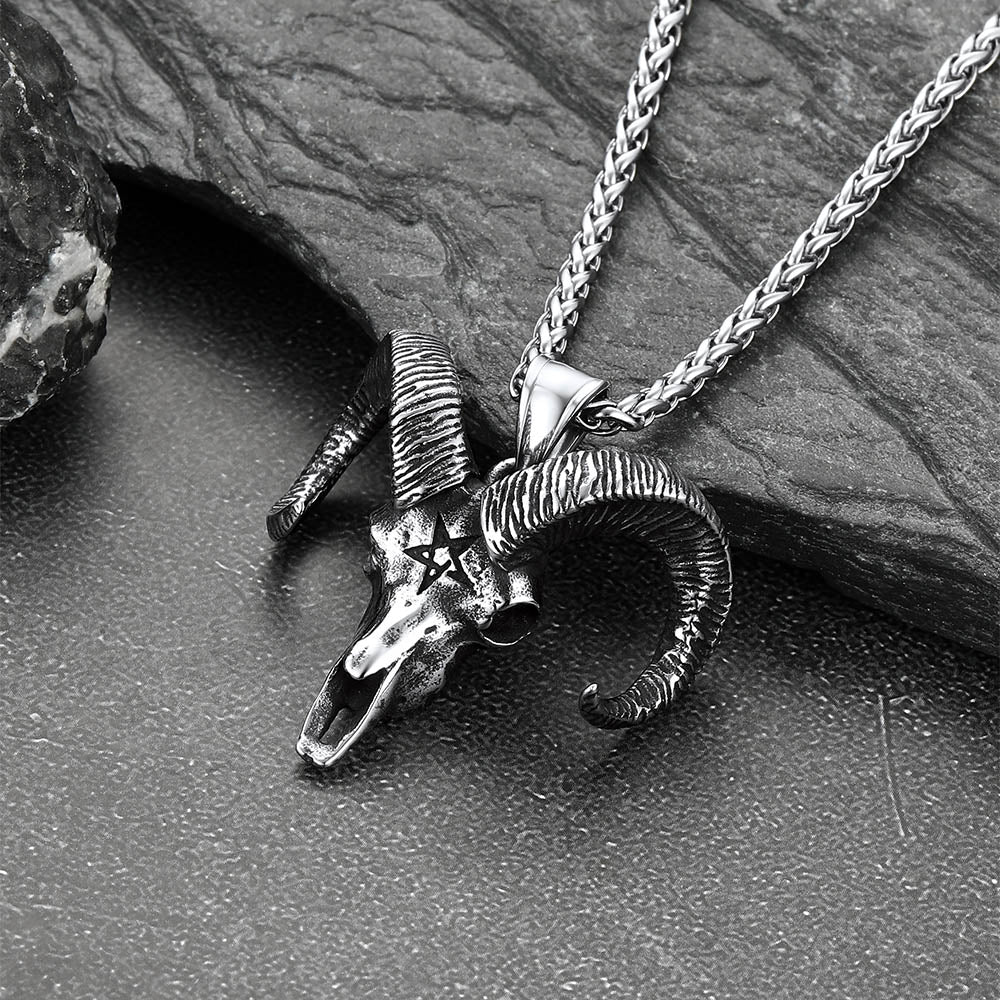 Satanic Goat Skull Head Necklace With Invert Pentagram