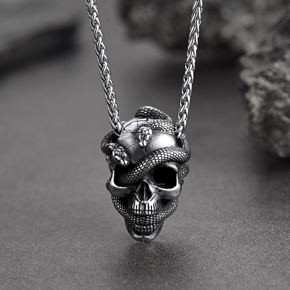 Gothic Snake Skull Pendant Necklace for