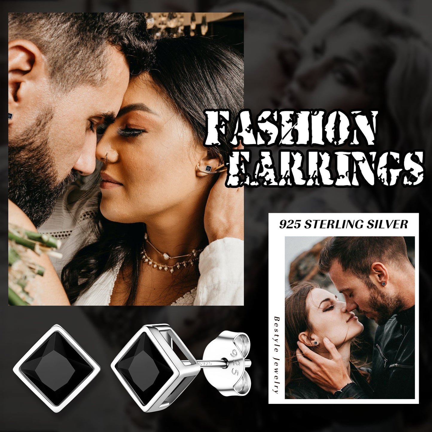 Flash Sterling Silver Square Black Onyx Stud Earrings for