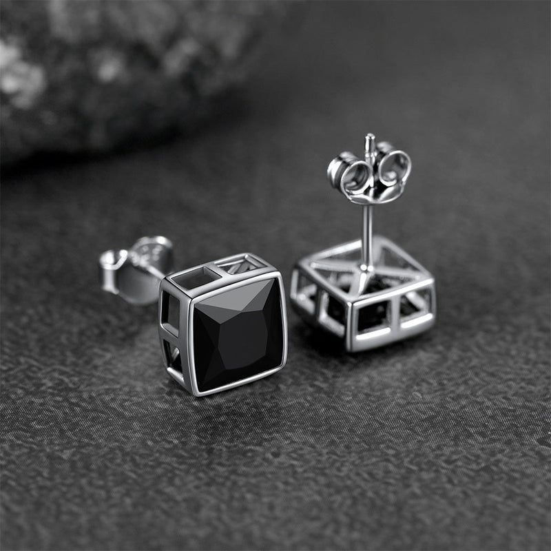 Flash Sterling Silver Square Black Onyx Stud Earrings for