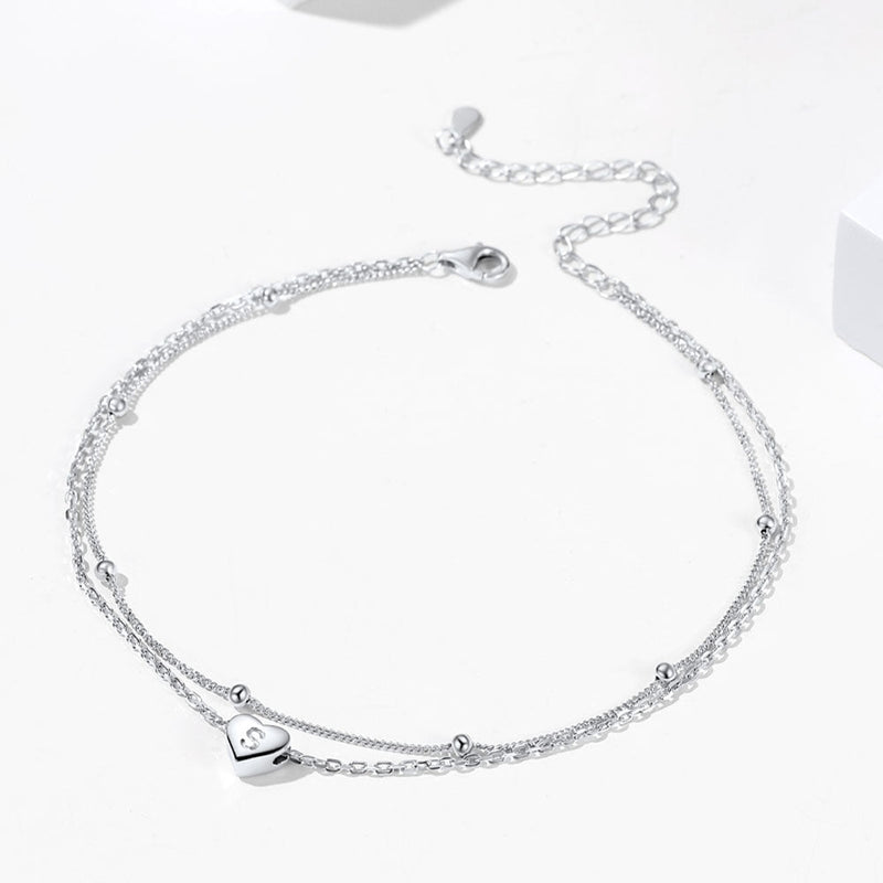 Sterling Silver A-z Initial Heart Layered Anklet for