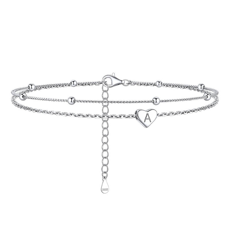 Sterling Silver A-z Initial Heart Layered Anklet for