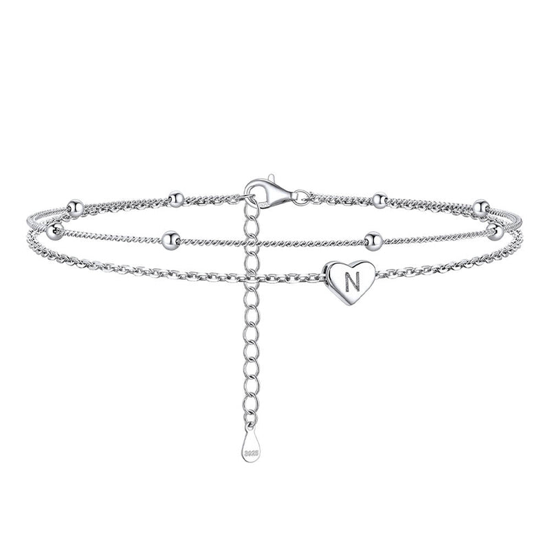 Sterling Silver A-z Initial Heart Layered Anklet for