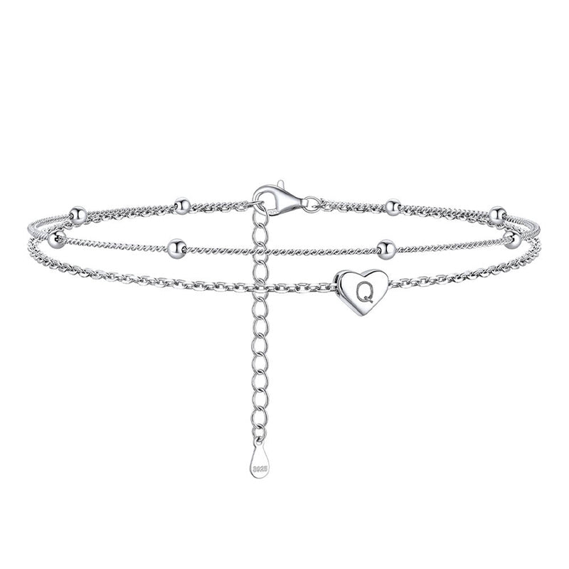 Sterling Silver A-z Initial Heart Layered Anklet for