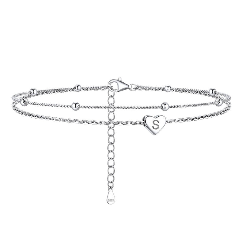 Sterling Silver A-z Initial Heart Layered Anklet for