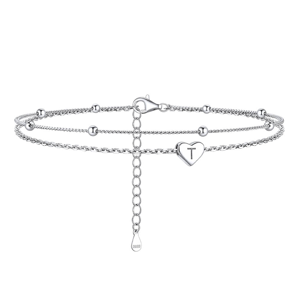 Sterling Silver A-z Initial Heart Layered Anklet for