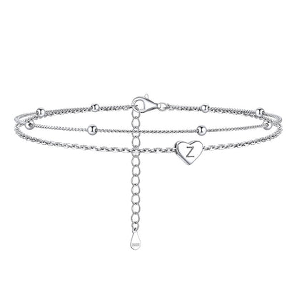 Sterling Silver A-z Initial Heart Layered Anklet for