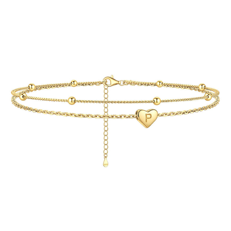 Sterling Silver A-z Initial Heart Layered Anklet for