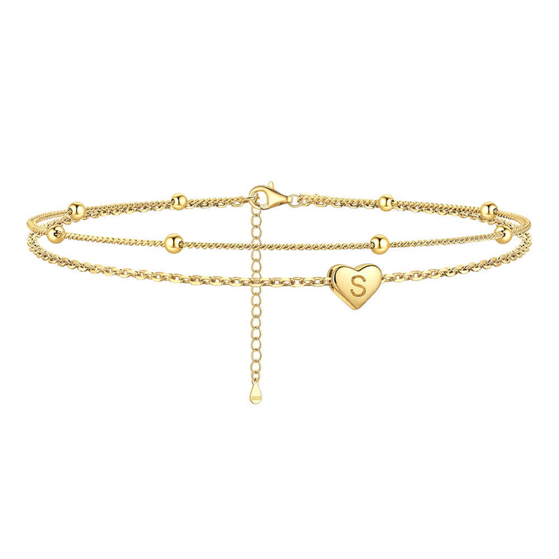 Sterling Silver A-z Initial Heart Layered Anklet for