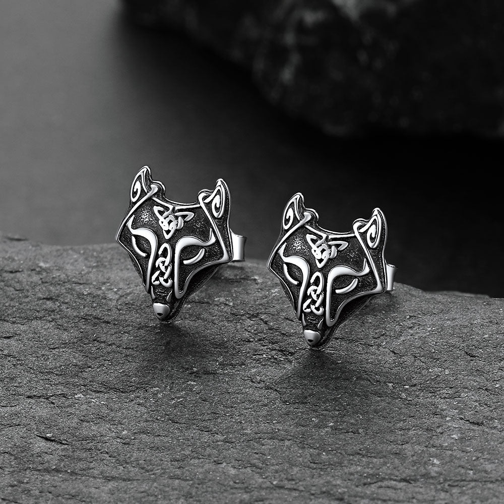 Sterling Silver Viking Celtic Wolf Stud Earrings for