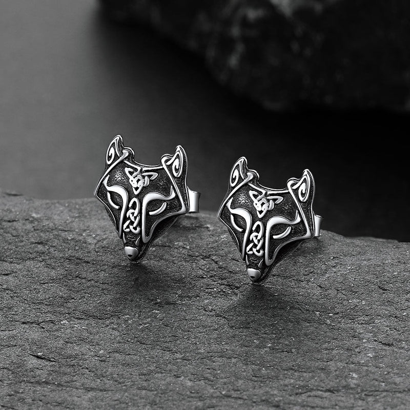 Sterling Silver Viking Celtic Wolf Stud Earrings for
