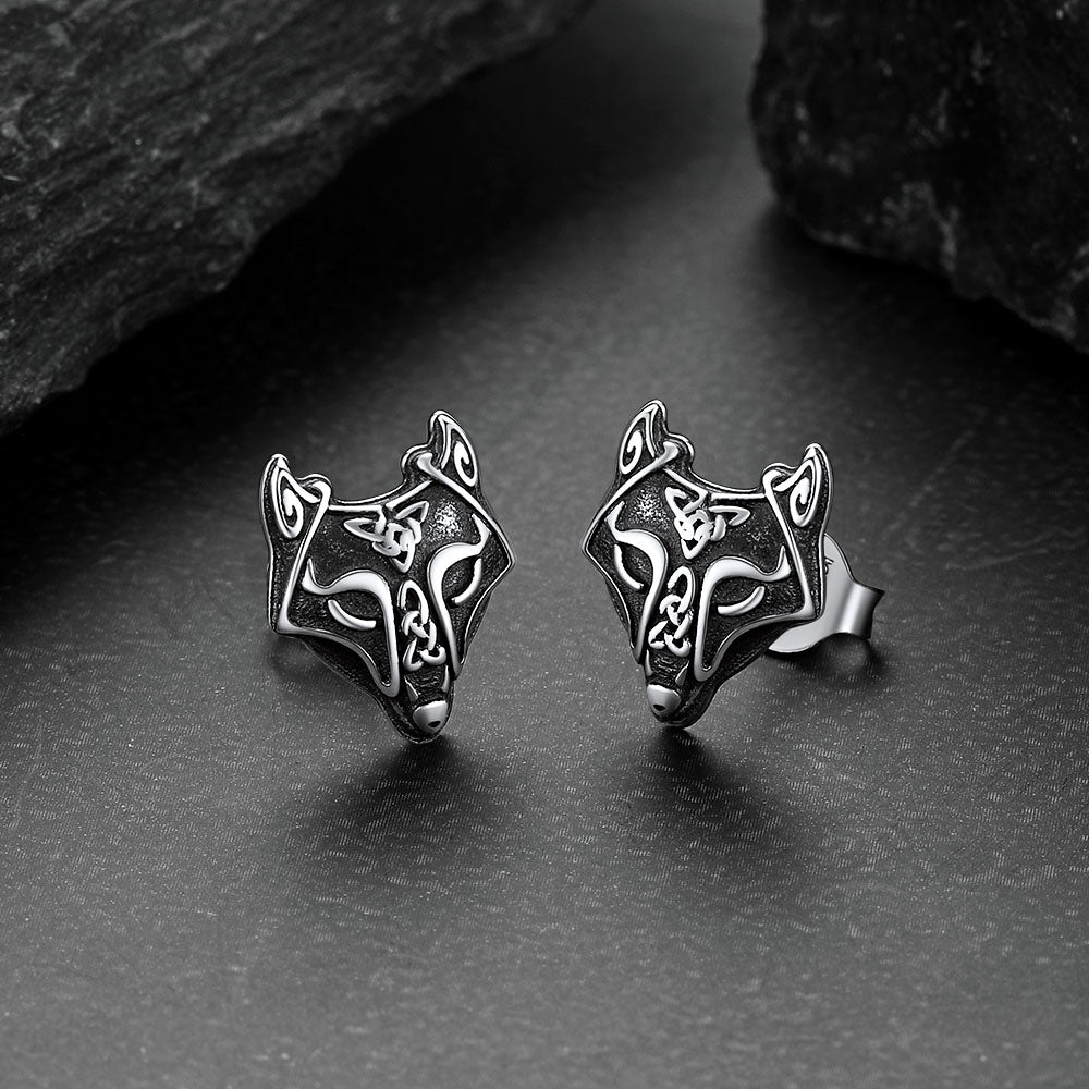 Sterling Silver Viking Celtic Wolf Stud Earrings for