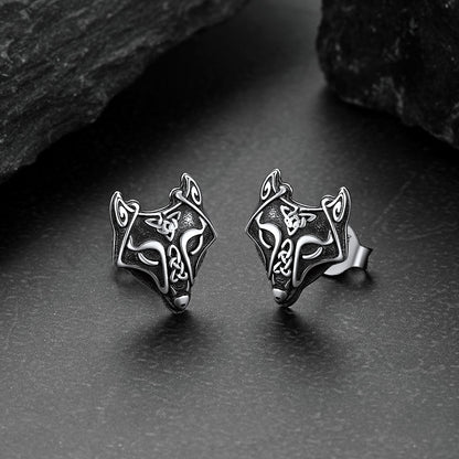 Sterling Silver Viking Celtic Wolf Stud Earrings for