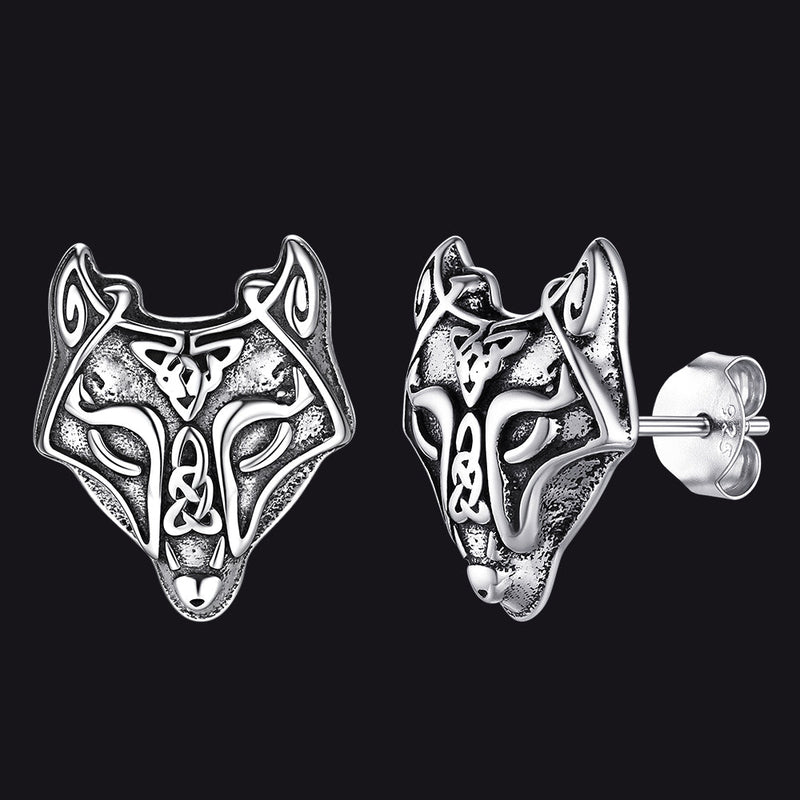 Sterling Silver Viking Celtic Wolf Stud Earrings for
