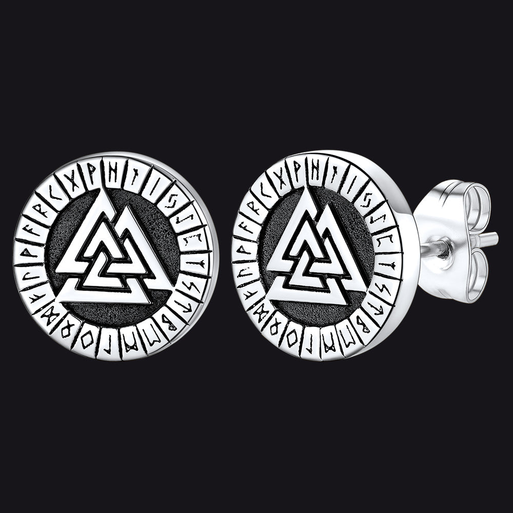 Viking Valknut Black Stud Earrings for With Runes