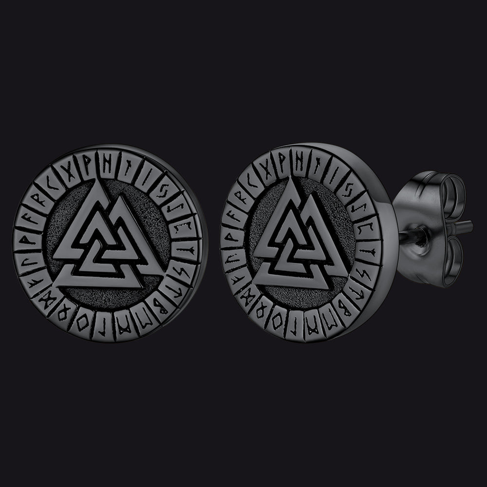 Viking Valknut Black Stud Earrings for With Runes