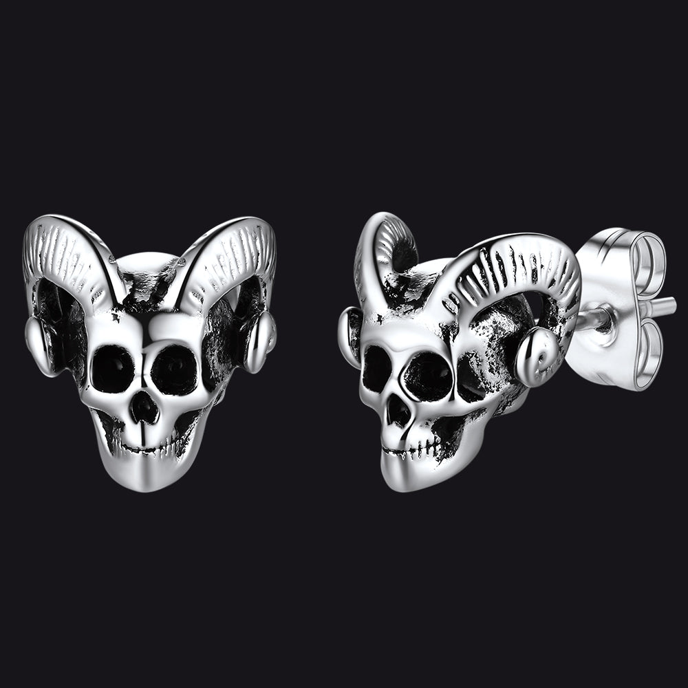 Satanic Baphomet Goat Skull Head Stud Earrings for