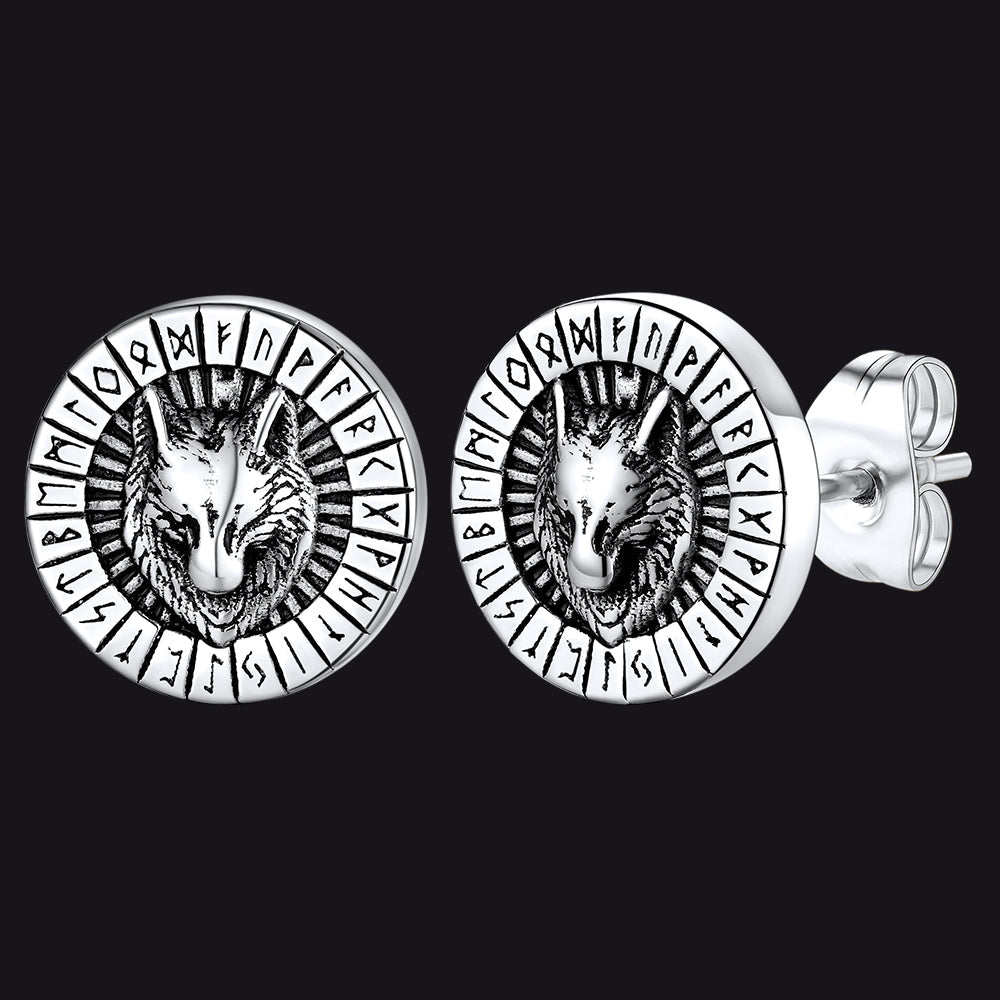 Viking Wolf Head Stud Earrings With Runes for