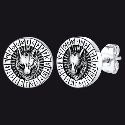 Viking Wolf Head Stud Earrings With Runes for