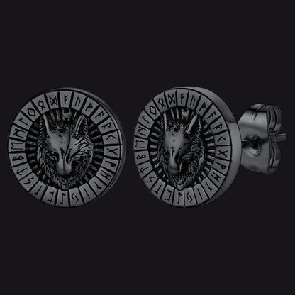Viking Wolf Head Stud Earrings With Runes for
