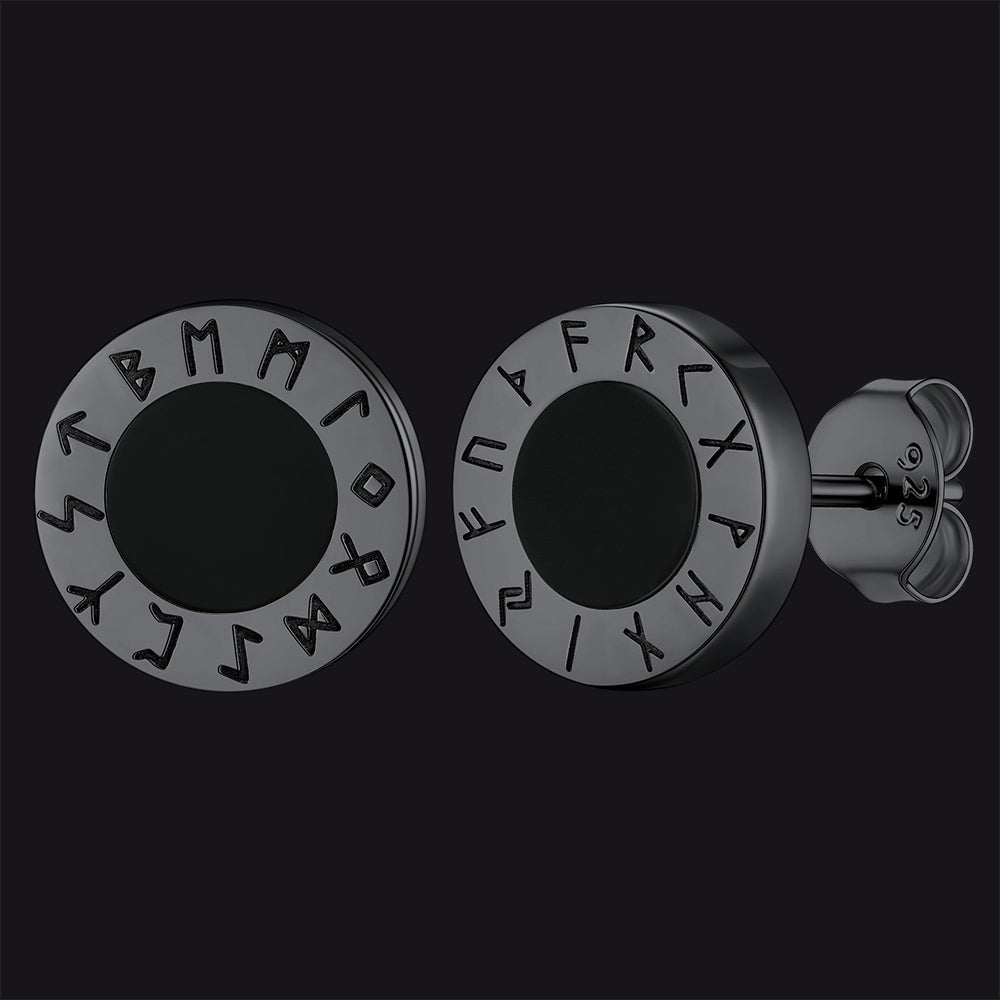 Sterling Silver Viking Runes Black Onyx Stud Earrings for