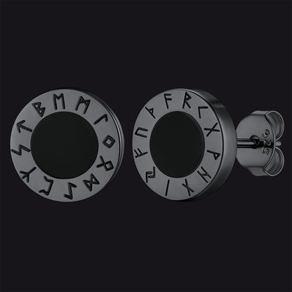 Sterling Silver Viking Runes Black Onyx Stud Earrings for